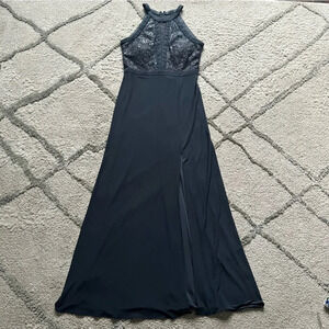 Nightway evening dress navy blue long high neck slit prom 6 petite